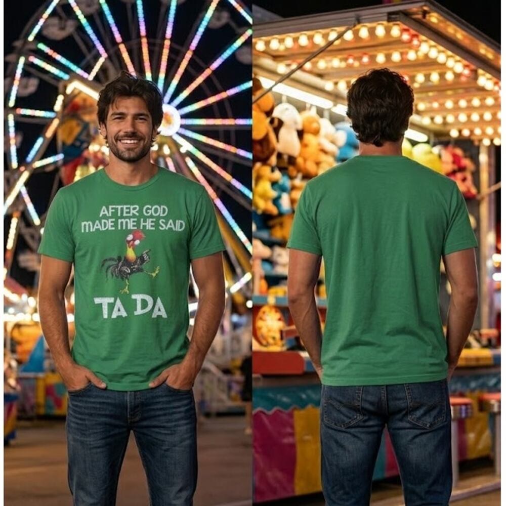 After God Made Me He Said Ta Da Chicken Shirt Men’s Medium 40 Green Tee
